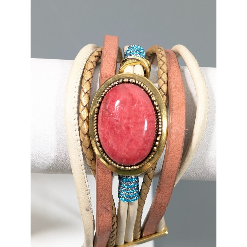 LJ Red Stone‎ Leather Multi Strand Adjustable Bracelet Wide Boho Western